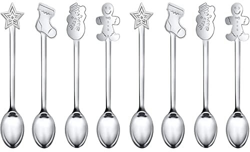 Christmas Spoons,8 Stück Weihnachtslöffel Edelstahl Weihnachten Kaffee Löffel Set Dessertlöffel Eislöffel Lang Weihnachts Löffel Lang Latte Macchiato Weihnachten Teelöffel Weihnachtsfeierbesteck