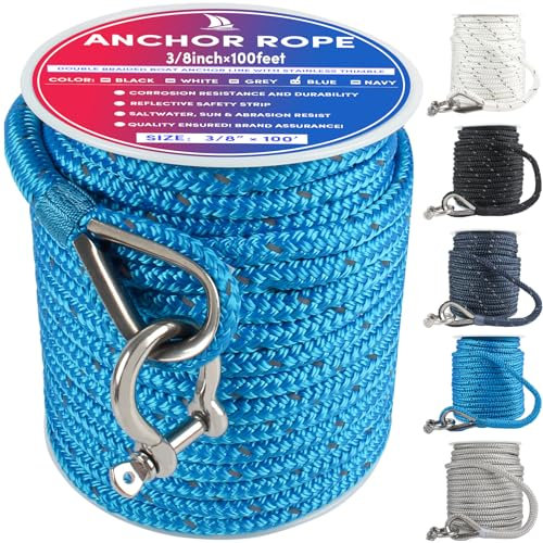 Premium Anchor Rope 100 ft x 3/8 inch, Double Braided Nylon Anchor Line Boat Rope Marine Rope,Boat Anchor Rope with Thimble & Shackle & Reflective Strip - Braided Anchor Rope Blue