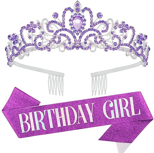 Lila Krone Schärpe Set Mädchen Diademe Strass Prinzessin Krone Kristall Crown mit Geburtstags Schärpe Birthday Girl Geburtstags Krone Tiara Haarschmuck für Kinder Tiara Dress Up Party Gastgeschenke
