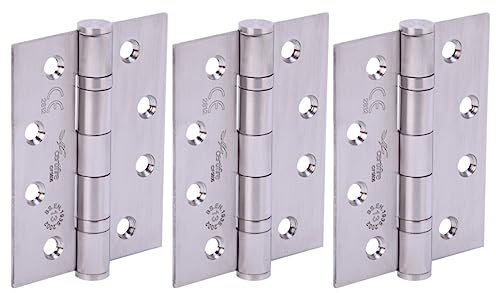 HANDLEZONE® Door Hinges 1.5 Pairs (3 Hinges) 102mm / 4 inch Ball Bearing, Grade 13 Fire Rated, CE13 FD30 FD60, with Screws - Satin Stainless Steel