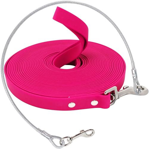 Wasserdicht Schleppleine für Hunde,mit Chew Proof Tie-Out Leinen,3-30m,Wasserdicht Trainingsleine für Große bis Kleine Hunde,Robuste Hundeleine(Rose,15m)