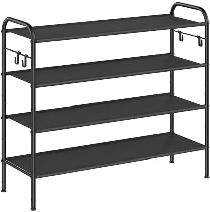 SONGMICS Schuhregal, Schuhständer mit 4 Ebenen, Regal aus Stoff, mit 4 seitlichen Haken, für 20 Paar Schuhe, höhenverstellbare Ablage, Eingang Flur Garderobe, einfache Montage, tintenschwarz