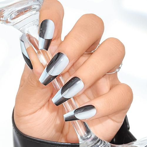 Sethexy Gradient Press On Nails Checkerboard Handmade Long Coffin False Nails Acrylic Black and White Fake Nails for Women and Girls 20PCS (R)