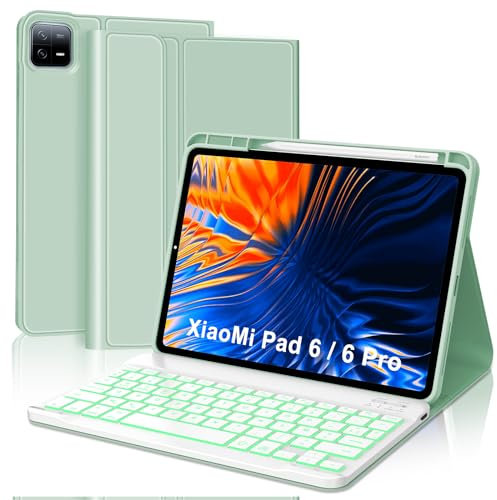 SENGBIRCH Étui Clavier pour Xiaomi Pad 6/6 Pro 11'' 2023 - AZERTY Français Clavier rétroéclairé 7 Couleurs Détachable sans Fil Bluetooth pour Xiaomi Pad 6/6 Pro 11'', Vert Clair
