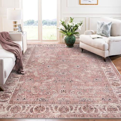 Taleta DAMAIA Grand tapis lavable style bohème vintage et doux à poils courts pour cuisine, chambre à coucher, salle à manger (rose, 160 x 230 cm)