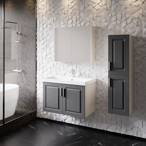 KAREN banyo Badmöbel Set Arin 60 Anthrazit | Keramikwaschbecken | Unterschrank | Spiegelschrank | Softclose-Türen & Chromgriffe | Landhausstil | Badezimmer Möbelset Waschbeckenunterschrank Waschtisch