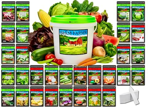 B&KM Farms 20,000+ Survival Seed Kit 5+ Year Supply. 30 Fruit & Vegetable Non-GMO Heirloom Seeds for Planting a Home Garden. Secure Emergency Weather-Proof Bucket