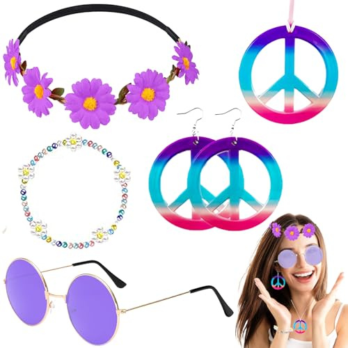 5 Stück Hippie Kostüm Accessoires, Vintage Zubehör per Costume Hippie mit Brille Friedenszeichen Halskette Ohrringe Stirnband Armbänder für Damen Herren 60er 70er 80er Jahre Party Karneval (Purpur)