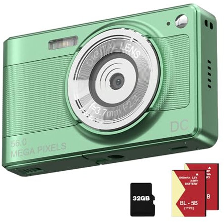 Digitalkamera 1080P FHD Kompaktkamera 56MP Kamera Einfache Vlogging-Kamera mit 32G TF-Karte 2 Batterien Tragbare Digitalkamera für Kinder Teenager Studenten Senioren Anfänger (Grün)