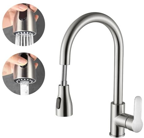 Lifemaison Kitchen Mixer Tap with Pull Out Spray, Stainless Steel Sink Taps Mixer for Kitchen Single Lever, High Arc 360° Swivel 2 Spray Modes Kitchens Faucet-Brushed Steel