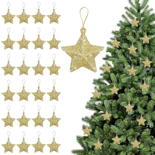 Stella Natale Albero, 24pcs Stelle Pendenti Natale, Decorazioni Stelle Pendenti, Addobbi per l'Albero di Natale, Adatte per Natale Appese ad Alberi di Natale, Caminetti, Finestre(Oro)