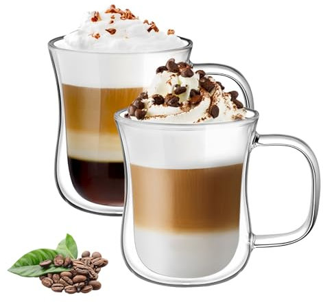 ZhouZGlass Double Walled Glass Coffee Cups Set of 2, Cappuccino Latte Macchiato Glasses Cups with Handle for Coffee Tea Milk Juice Ice Cream, 350ML