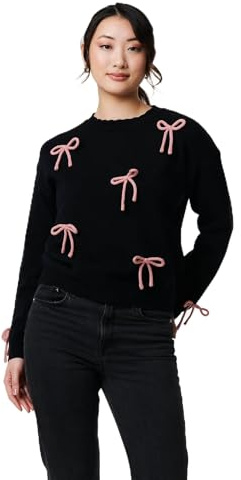 Izabel London Bow Embellished Drop Shoulder Jumper for Women UK with Long Sleeves and a Hip Length Hem. Black