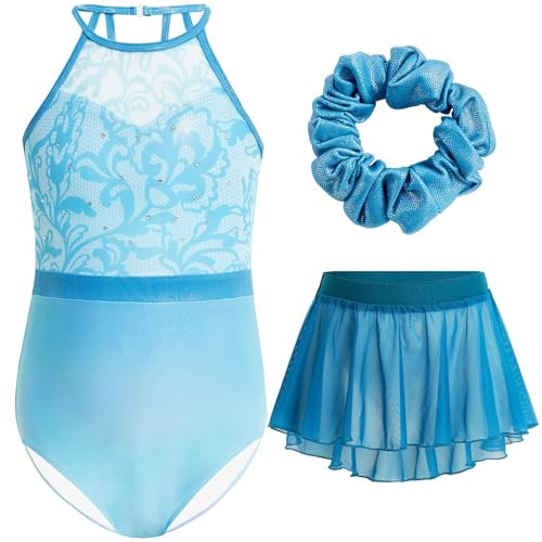 Gogokids Mädchen 3-teiliges Halter Gymnastikset, Kinder Gymnastikanzug mit Strass & Mesh Blumendesign, Funkelnde Ballettanzüge Beinhaltet Leotard, Chiffonrock & Haarband Gymnastikgeschenke für 9-10