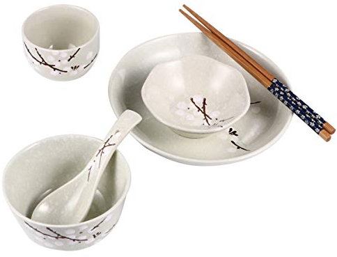 PRETYZOOM 1Set Giapponesi per Uso Ciotola Piatto Tazza Cucchiaio Bacchette con Design Unico Stampa Fiore Prugno Pratiche