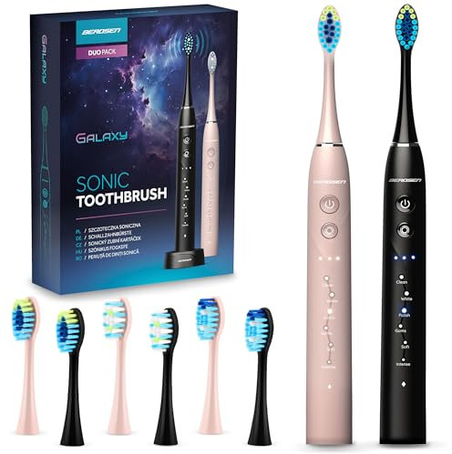 Berdsen Elektrische Zahnbürste - Doppelpack - Schallzahnbürsten - 6 Putzmodi - 3 Intensitätsstufen - 6 Bürstenköpfe - Schwarz - Pink