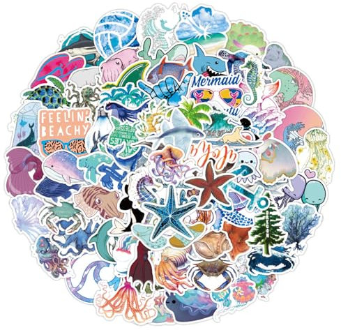Hebterrka Meerestiere Sticker Set, 100 Wasserfeste Aufkleber Für Kinder, Jugendliche Und Erwachsene, Bunte Sticker Von Fischen, Schildkröten, Walen, Ideal Für Laptop Und Mehr