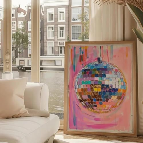 ZHUOYA Trendy farbige Discokugel-Wandkunst, Gemälde, Retro-Ästhetik, Rosa, Leinwanddrucke, Poster für Bar, Wohnzimmer, Heimdekoration, 80 x 120 cm, rahmenlos