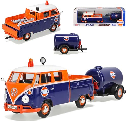 Motormax Volkwagen T1 Pritsche mit Tanker Anhänger Bus 1950-1967 1/24 Modell Auto mit individiuellem Wunschkennzeichen