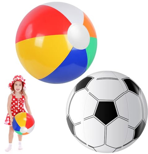 Flintronic Aufblasbare Wasserbälle, Strandball in 30cm Durchmesser, 2 Stück Beachball in Regenbogenfarben/Fußballfarbe, für Sommeraktivitäten im Freien, Wasserspiele, Schwimmbad-Strandparty