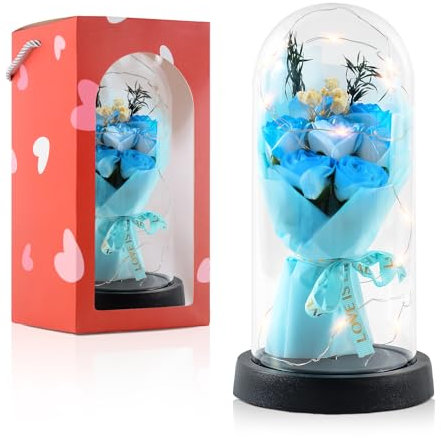 INYPTROPIC Preserved Flowers Gifts for Her Mom Women, Forever Roses Fresh Flowers for Delivery, Light Up Red Rose in A Glass Dome Valentines Mothers Day Birthday Gifts for Grandma Wife Sister (Blue)