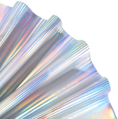 CALFOVERA 1.35×0.3M Iridescent PU Leather Holographic Vinyl Fabric Roll Holographic Mirror Reflective Leather Fabric Sheet for Sewing Earring Handbag Wallets Bows Making (Silver)