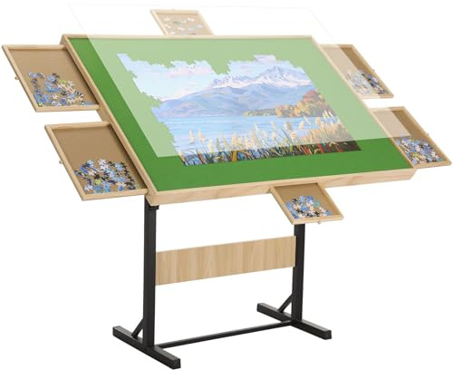FUNTOK 2000 Pieces Jigsaw Puzzle Table for Adults, Adjustable Height & Tilting Angle Wooden Puzzle Board with Legs, 6 Sorting Drawers & Cover, Portable Puzzle Desk Birthday Present