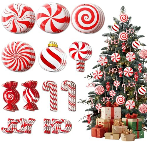 BEKKLPOU 36 Pcs Rot Weiß Weihnachtskugeln Süßigkeiten Ornament Swirl, Süßigkeiten Weihnachtsbaum Dekorations Set, Weihnachtslutscher Dekoration Zuckerstange Für Party Dekoration
