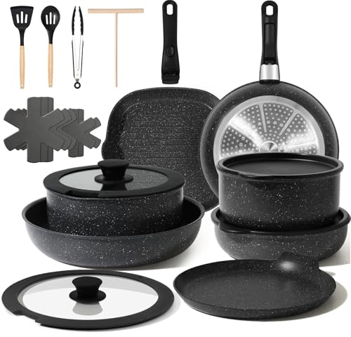 GMISUM 22-Teiliges Topfset,Topfset Induktion mit Abnehmbarer Griff,Töpfe Set für Alle Herdarten,Pfanne 20/24cm, Tiefe Bratpfanne 26cm, Topf 18/20cm,Steakpfanne and Flat Pan for Crêpes24cm,Schwarz