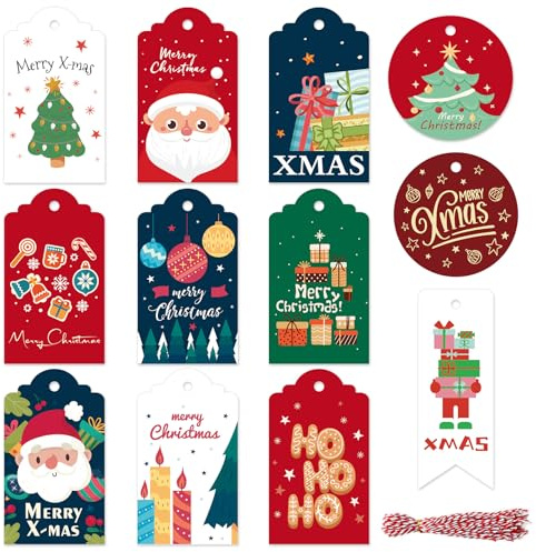 48 STK Geschenkanhänger Weihnachten, 12 Stile Anhänger Frohe Weihnachten | Geschenkanhänger Kraftpapier Etiketten Weihnachtsanhänger mit Schnur für Weihnachts Geschenk Label Präsentieren Dekoration