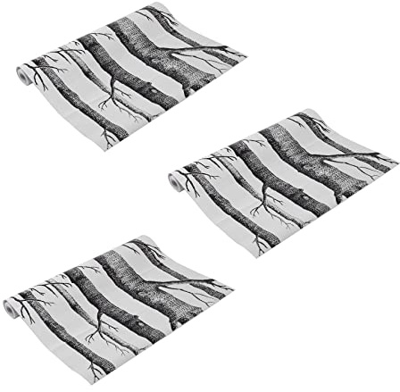 Janasiba Lot de 3 rouleaux de papier peint bouleau noir et blanc pour chambre à coucher Design moderne Papier peint en bois de forêt rustique