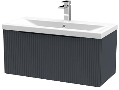 Balterley Vanity Unit with Basin Wall Hung, Single Drawer Soft Close with Mid Edge Sink and Handle, Bathroom Vanity Units with Basin, Fluted Front Sink Cabinet - 810 x 390 x 399mm (Dark Grey)