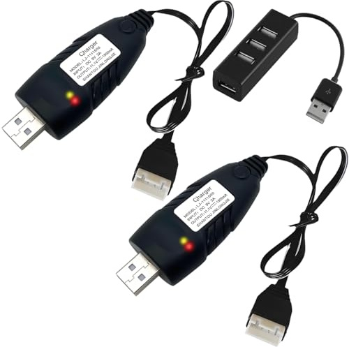 ZHUROUPU 2Pcs 11.1V XH-4P Lipo Battery USB Charger Cable, 3S 2A RC Charges with XH-4P Plug Connector IC Smart Chip Auto Power Cut for RC Car Boat Plane Drone Truck with 4 Port USB 3.0 Hub Splitter
