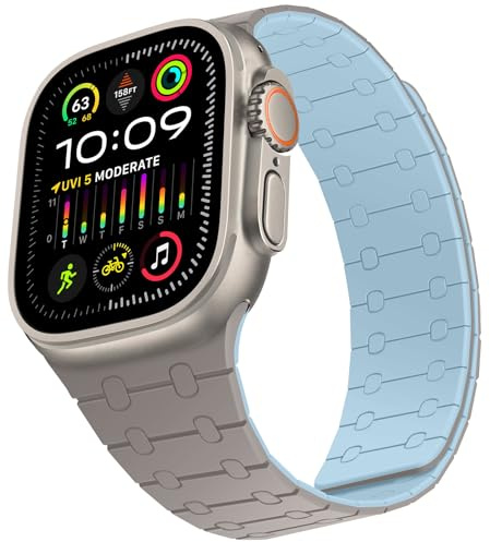 ZZDZZ Compatible with Apple Watch Straps 49mm 46mm 45mm 44mm 42mm 41mm 40mm 38mm, Silicone Magnetic Adjustable Loop Strap for iWatch Ultra3/2/1 Series 11 10 9 SE3 8-1 (49/46/45/44/42, Khaki/L-Blue)