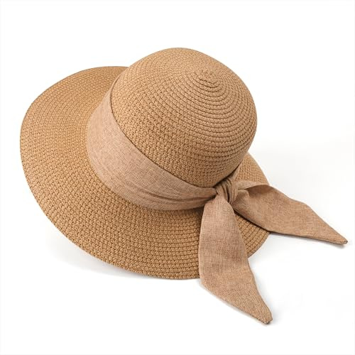 Qzakce Stroh Sommerhut für Damen Strand Sonnenhut Faltbar Sommerhut Bowknot Strohhüte mit Breite Krempe für Strand Urlaub Reise Outdoor-Aktivitäten