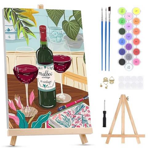 QENSPE Vin Rouge Peinture par Numéros pour Adultes sur Toile Encadrée - avec Chevalet, Élégant Paint by Numbers Kit, Peinture à l'huile Acrylique pour Décoration Murale Maison 20x30 cm