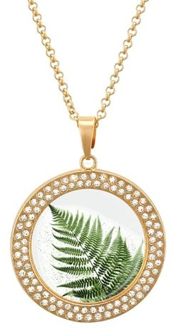 DWVTSLH Natural Plant Silhouette Fern Leaf Diamond Necklace, Alloy Round Pattern Pendant Necklace for Women Men, Customizable Photo Necklace Jewelry Sparkle Clavicle Neckband Gift, One size, Zinc