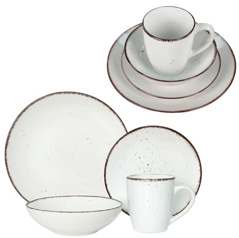 LIVELLO DUNA Tafelservice 24-teilig für 6 Personen – Steingut Geschirrset mit Speisetellern, Suppentellern, Desserttellern & 450 ml Bechern, Spülmaschinen- & Mikrowellengeeignet, Weiß