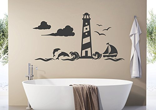 tjapalo® s-pkm411 Wandtattoo Badezimmer fische Wandtattoo Leuchtturm Meer Schiffe (B58 x H30 cm)