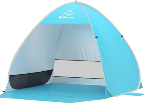 WolfWise Pop Up Strandmuschel UV Schutz 50, Strandzel für 1-2 Personen | Tragbare Sonnensegel, Windabweisend & Wasserabweisend, mit Leichte Tragetasche, 160cm L × 130cm D × 120 cm H, Blau
