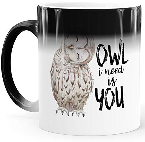 MoonWorks®Zaubertasse Farbwechsel Tasse Owl I need is you Spruch Liebe Freund Freundin Geschenk Jarhestag Valentinstag weiß Magic-Tasse