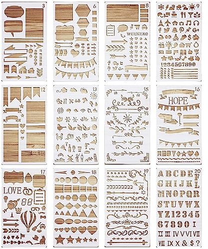 VETPW 12 Pcs Bullet Art Journal Stencil Schablonen Zeichnen Set, Kunststoff Wiederzuverwendend Zeichenschablonen Vorlagen Planer Schablonen für Tagebuch, Scrapbook, DIY Geschenkkarten, Fotoalbum