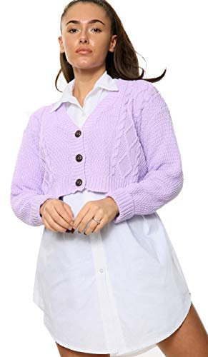 Crazy Girls Women's Ladies Long Sleeve 3 Button Cropped Chunky Aran Cable Knitted Grandad Cardigan (8-10, Lilac)