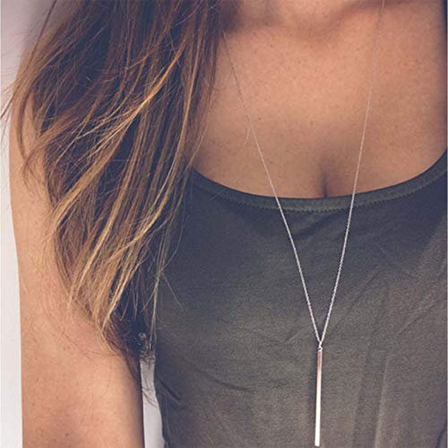 TseenYi Stab-Anhänger, lang, Halskette, Silber, vertikale Stab, Tropfen, minimalistischer Stil, Schmuck für Damen und Mädchen Geschenke für Sie