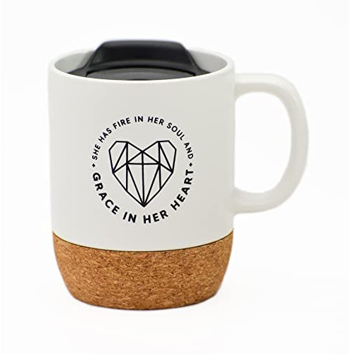Dexsa Designer-Kaffeetasse aus Keramik, Aufschrift She has fire in her soul and grace in her heart, Fassungsvermögen: 400 ml, Korkboden mit Deckel, ideal für Kaffee, Tee, Suppen, heiße Schokolade