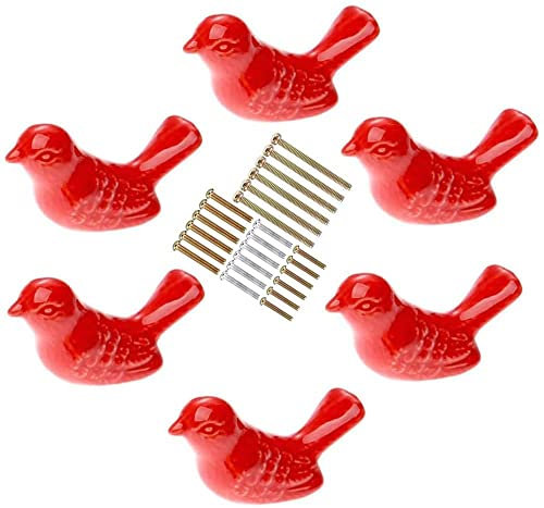 MayGreeny Keramikknäufe in Vogelform, 6 Stück, niedlich, DIY, Schrank, Kommode, Kleiderschrank, Kinderschrank, Tür, Küchenmöbel, Dekoration mit Befestigungsschrauben (rot)