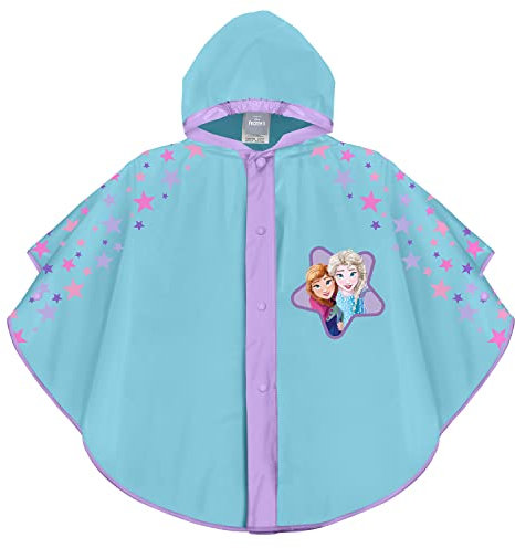 PERLETTI Disney Frozen Regen Poncho für Kinder - Die Eiskönigin Regen Cape Hellblau Wasserdicht für Mädchen mit Rosa und Lila Sternen - Elsa Anna Regenponcho Regenjacke mit Kapuze (Türkis, 3-6 Jahre)