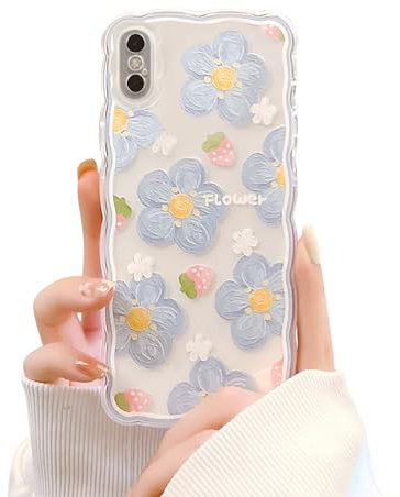 Ownest Kompatibel mit iPhone X/iPhone XS Hülle, Blumen Aesthetic Transparente Hülle Silikon Case Süßes Blumen Design Dünne Cover Stoßfest für Frauen Mädchen Handyhülle -Blau