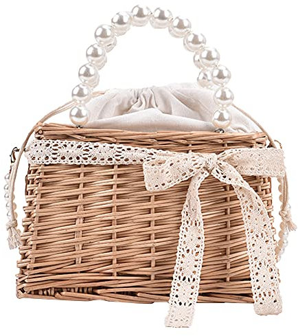 TTSAM Strandtasche Damen Rattan Woven Lace Perlenkette Korb Schulter Crossbody Umhängetasche Casual Damen Sommer Strand Urlaub Kordelzug Kleine Top-Griff Tote Handtaschen