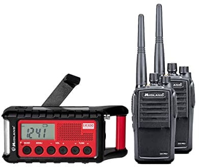 Midland PMR Premium Kit d'urgence G15 Pro Radio + Radio à manivelle avec étui, chargeurs, Piles, Fonction SOS Morse, sifflet ultrasonique pour Chien et Panneau Solaire
